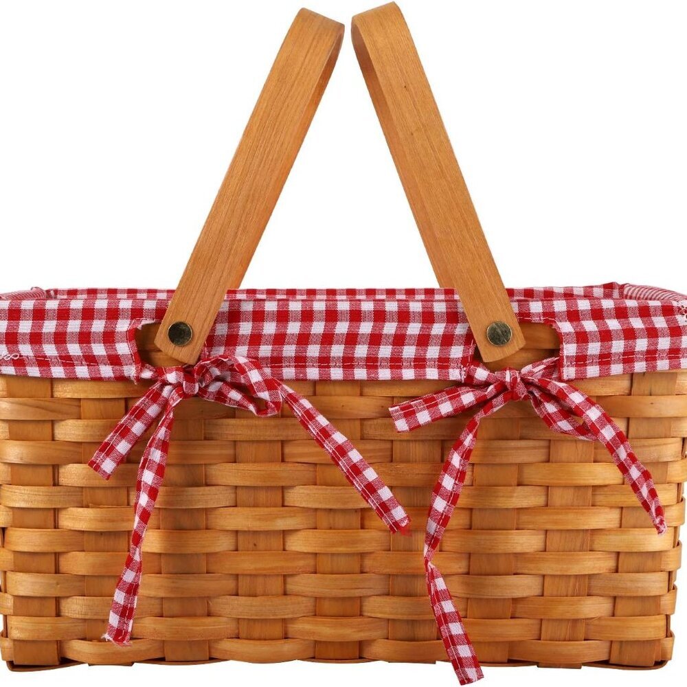 Picnic Basket, Natural Woven Basket with Double Folding Handles, Woodchip Basket - Picture 4 of 8